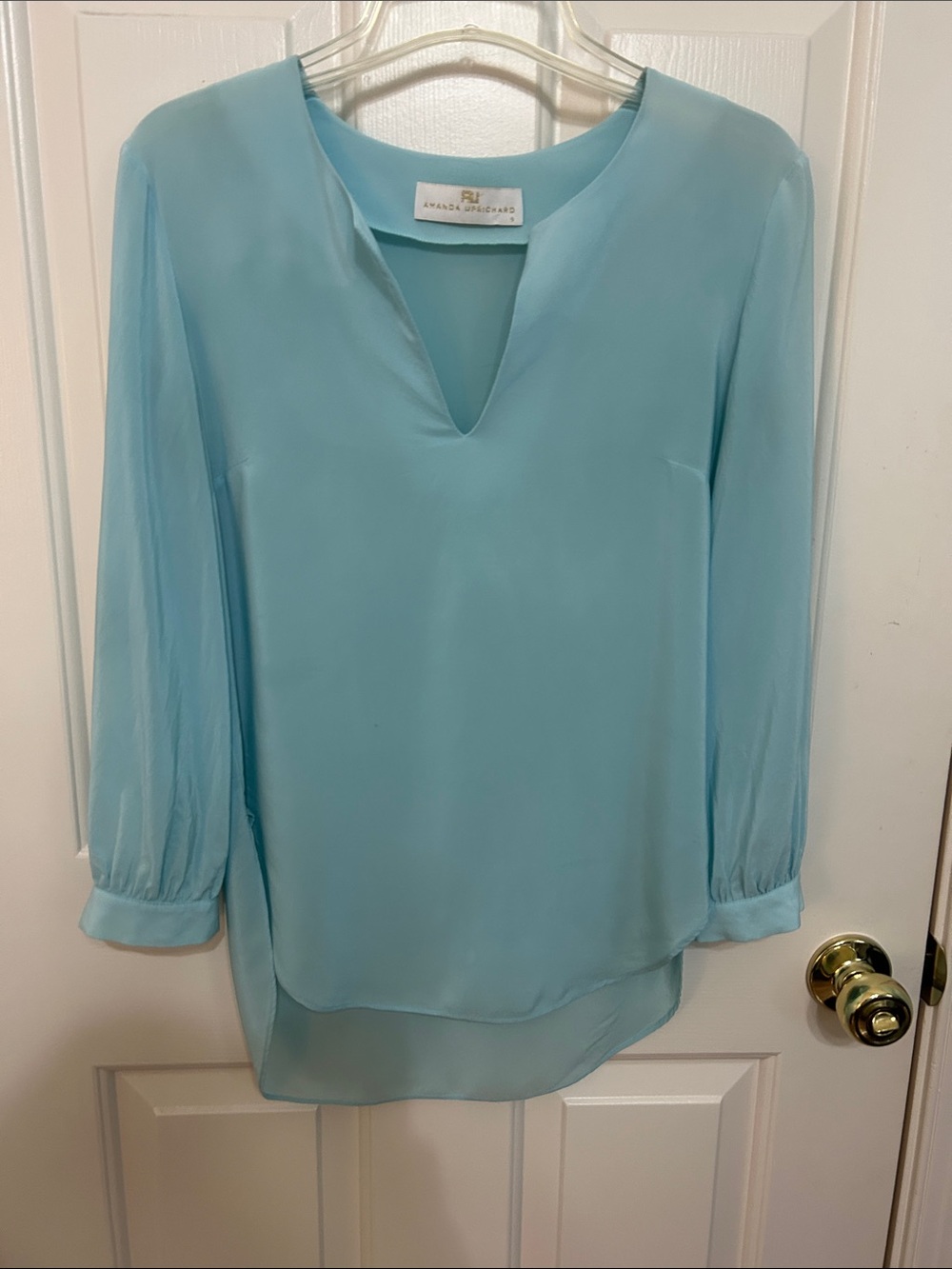 Amanda Uprichard Aqua V-Neck Long Sleeve Blouse s silk